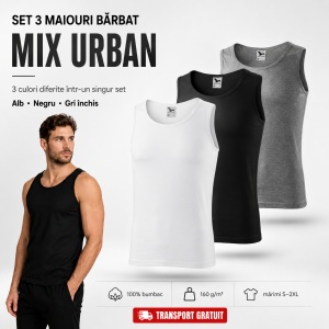 Set 3 Maiouri Bărbat Mix Urban Alb Negru Gri Închis, Maieu Sport 100% Bumbac, Tricou Fără Mâneci, Mărimi S 2XL - Img 4