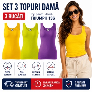 Set 3 Maiouri Damă Tip Top din Bumbac cu Elastan – Tricouri Fără Mâneci, galben, violet, lime | XS-2XL - Img 7