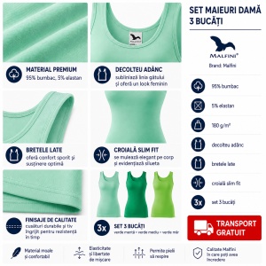 Set 3 Maiouri Damă Tip Top din Bumbac cu Elastan – Verde Mentă, Verde Mediu și Verde Măr | Tricouri Fără Mâneci XS-2XL - Img 5