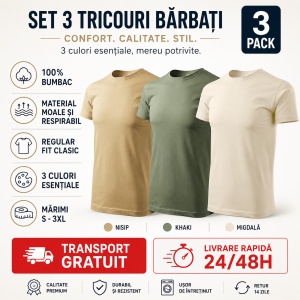 Set 3 Tricouri Bărbați 100% Bumbac – Culori Naturale, Nisip, Khaki, Migdală - Img 8