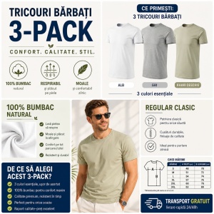 Set 3 Tricouri Bărbați 100% Bumbac Regular Clasic – Alb, Gri Închis și Kaki Deschis | S-3XL - Img 4