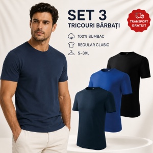 Set 3 Tricouri Bărbați 100% Bumbac Regular Clasic – Albastru Marin, Albastru Regal și Negru | S-3XL - Img 6