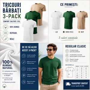 Set 3 Tricouri Bărbați 100% Bumbac Regular Clasic – Nisip, Verde Sticlă și Alb | S-3XL - Img 6