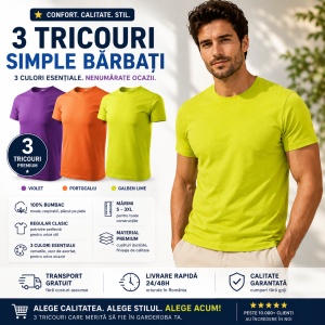 Set 3 Tricouri Bărbați 100% Bumbac Regular Clasic – Violet, Portocaliu și Galben Lime | S-3XL - Img 5