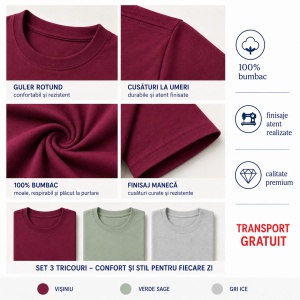 Set 3 Tricouri Bărbați 100% Bumbac Regular Clasic – Vișiniu, Verde Sage și Gri Ice | S-3XL - Img 4
