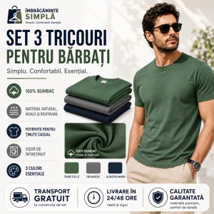 Set 3 Tricouri Bărbați 100% Bumbac Regular Fit – Gri Ardezie, Albastru Marin, Verde - Img 3