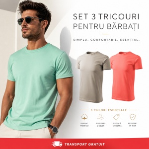Set 3 Tricouri Bărbați 100% Bumbac Regular Fit – Gri Ice, Verde Mentă, Coral | S-3XL - Img 5