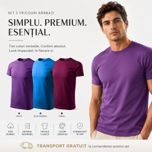 Set 3 Tricouri Bărbați 100% Bumbac Regular Fit – Violet, Blue Snorkel, Vișiniu - Img 5