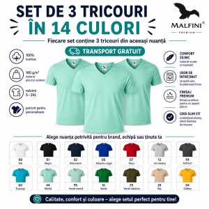 Set 3 Tricouri Bărbați cu Guler în V Malfini 146, Premium, 100% Bumbac, Slim Fit, Transport Gratuit - Img 2