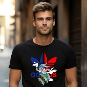 Un bărbat purtând un tricou negru cu design adidas, ce include personajul Bugs Bunny pe un skateboard, cu un logo colorat roșu și albastru, pozând într-un mediu urban.