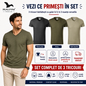 Set 3 Tricouri Bărbați Malfini 146 cu Guler în V, Premium, 100% Bumbac, Slim Fit, Ebony Gray, Army și Kaki Deschis, Mărimi S–3XL - Img 6