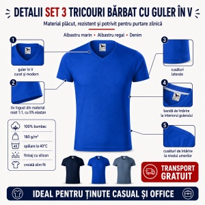 Set 3 tricouri bărbați Malfini Slim Fit V Neck 146, guler în V, 100% bumbac, 180 g/m², albastru marin, albastru regal și denim, mărimi S 3XL, transport gratuit - Img 5