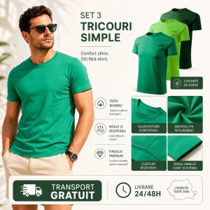 Set 3 tricouri bumbac 100% calitate simplu clasic pentru barbati, trei nuante de verde - Img 3