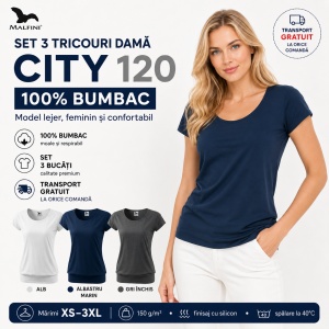 Set 3 tricouri bumbac 100%, cu banda aplicata jos elegant casual pentru femei 120 - Alb Gri Albastru Marin - Img 10