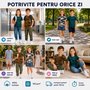 Set 3 tricouri camuflaj copii, 100% bumbac, pentru fete și băieți, mărimi 4–12 ani - Img 7