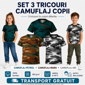 Set 3 tricouri camuflaj copii, 100% bumbac, pentru fete și băieți, mărimi 4–12 ani