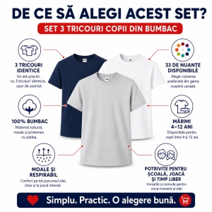 Set 3 Tricouri Copii din Bumbac 100% – Mânecă Scurtă, 35 Culori, Fete și Băieți - Img 2