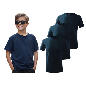 Tricou Copil baiat imbracat cu tricou albastru marin prezinta setul de 3 tricouri albastre marin
