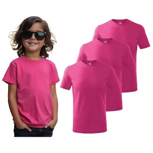 Tricou Copil baiat  imbracat cu tricou roz zmeura prezinta setul de 3 tricouri