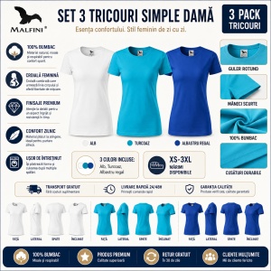 Set 3 Tricouri Damă 100% Bumbac – Casual Clasic, Alb, Turcoaz și Albastru Marin | Transport Gratuit - Img 7