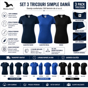 Set 3 Tricouri Damă 100% Bumbac – Casual Clasic, Albastru Marin, Albastru Regal și Negru | Transport Gratuit - Img 2