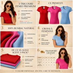 Set 3 Tricouri Damă 100% Bumbac – Casual Clasic, Roșu, Roz și Albastru | Transport Gratuit - Img 5