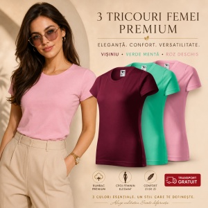 Set 3 Tricouri Damă 100% Bumbac – Casual Clasic, Vișiniu, Verde Mentă și Roz Deschis | Transport Gratuit
