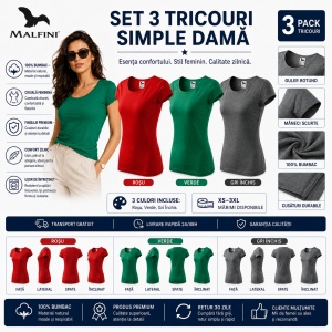 Set 3 Tricouri Damă 100% Bumbac – Elegant Casual, Decolteu, Verde, Roșu și Gri | Model 122 - Img 2