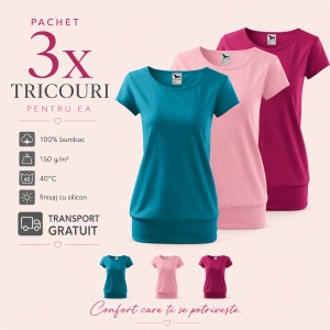 Set 3 Tricouri Damă cu Bandă Jos, 100% Bumbac – Turcoaz Închis, Roz și Rododendron - Img 4