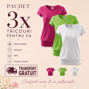 Set 3 Tricouri Damă cu Bandă Jos | 100% Bumbac, Purpuriu, Verde Măr și Alb - Img 5