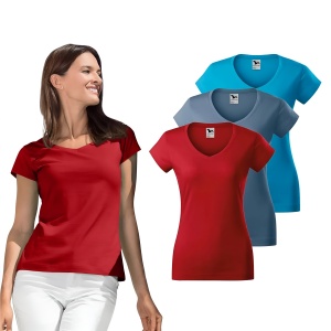 Set 3 Tricouri Damă | Guler în V | Decolteu | Roșu, Turcoaz, Albastru Denim 162 - Img 1