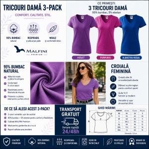 Set 3 tricouri dama guler in V decolteu simplu culori violet, roz albastru v-neck 128 - Img 4