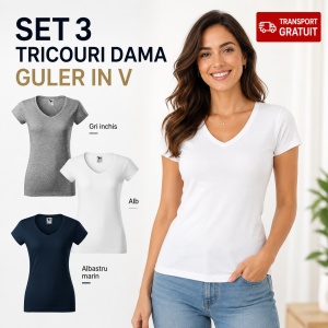 Set 3 tricouri dama guler in V slim fit cu decolteu albastru marin, gri inchis, alb v-neck 162