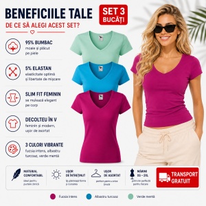Set 3 Tricouri Damă Malfini 162 Fit V-Neck, Guler în V, 95% Bumbac, Slim Fit, Fucsia, Albastru Turcoaz, Verde Mentă, XS–2XL - Img 4