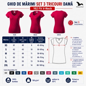 Set 3 Tricouri Damă Malfini Fit V-Neck 162 – 100% Bumbac, Croială Cambrată, Guler în V, 13 Culori - Img 3