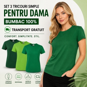 Set 3 tricouri dama simple bumbac 100%, casual clasic pentru femei verde mediu, verde mar, verde sticla 133 - Img 10