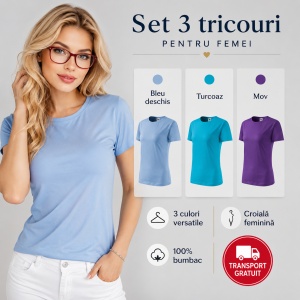 Set 3 tricouri dama simple bumbac 100%, casual clasic pentru femei multicolor, albastru deschis, turcoaz, violet 133 - Img 9
