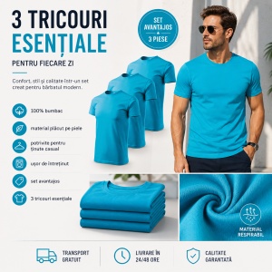 Set 3 tricouri din bumbac 100%, pentru barbati Basic Classic, Malfini, Turcoaz - Img 5