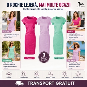 Set 3 Tricouri Lungi Damă Tip Rochie Freedom 178 – Bumbac, Croială Lejeră, Purpuriu, Orchid, Verde Mentă, XS–2XL - Img 8