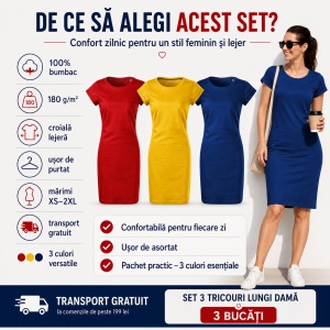 Set 3 tricouri lungi damă tip rochie Malfini Freedom 178, 100% bumbac, roșu, galben și albastru marin, XS–2XL - Img 2