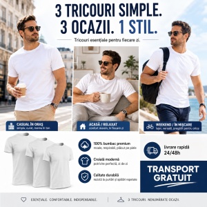 Set 3 Tricouri pentru Bărbați, Alb | Bumbac 100% - P73 - Img 3