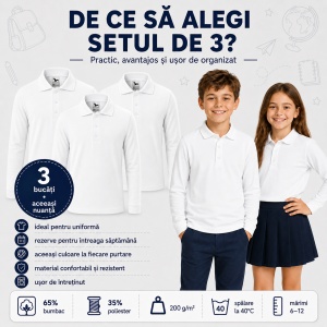 Set 3 Tricouri Polo Copii cu Mânecă Lungă – Bluze pentru Școală, Uniformă, Joacă și Timp Liber, Băieți și Fete - Img 4