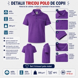 Set 3 tricouri Polo Copii - Violet din bumbac pentru copii Pique Polo Violet - Img 7