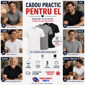 Set 3 tricouri simple, bumbac 100% Calitate clasic pentru barbati, alb, negru, gri 132 - Img 6