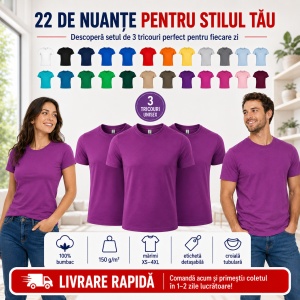 Set 3 tricouri unisex damă și bărbat, 100% bumbac, aceeași culoare, 22 nuanțe disponibile - Img 8