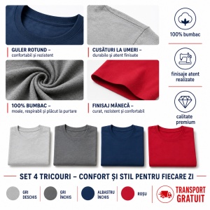 Set 4 Tricouri Bărbați 100% Bumbac Basic – Alb, Gri Închis, Albastru Închis și Gri Deschis | S-3XL - Img 9
