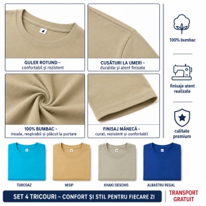 Set 4 Tricouri Bărbați 100% Bumbac Basic – Turcoaz, Nisip, Khaki Deschis și Albastru Regal | S-3XL - Img 9