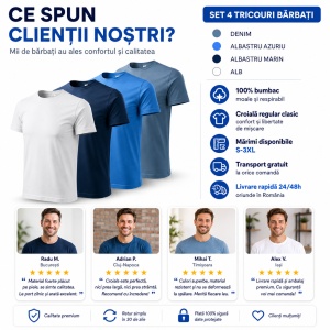 Set 4 Tricouri Bărbați 100% Bumbac Regular Clasic – Denim, Albastru Azuriu, Albastru Marin și Alb | S-3XL - Img 10
