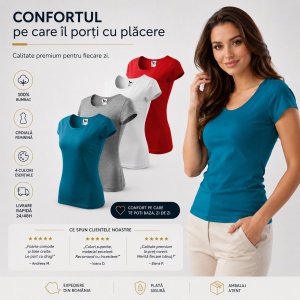 Set 4 Tricouri Damă 100% Bumbac – Casual Clasic, Albastru Petrol, Gri, Alb și Roșu | Transport Gratuit - Img 5