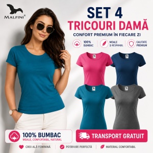 Set 4 Tricouri Damă 100% Bumbac – Casual Clasic, Roz, Albastru Petrol, Gri Închis și Albastru Regal | Transport Gratuit